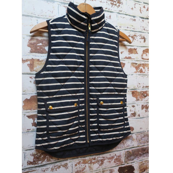 J.Crew Excursion Quilted Down Feather Gold Button Navy & White Stripe Vest - Picture 4 of 8